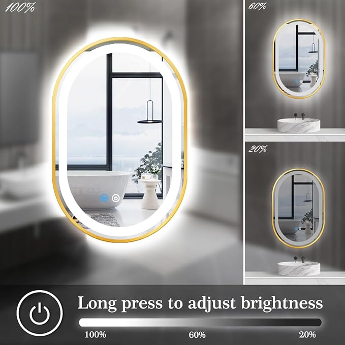 20 x 32 Inch Gold Oval LED Vanity Mirror with Lights Smart Memory 3 Color Dimmable Anti-Fog 32 Inch Gold Frame Oval Lighted Mirror for Bathroom Wall LED Ovals Mirror with Lights Golden Frame