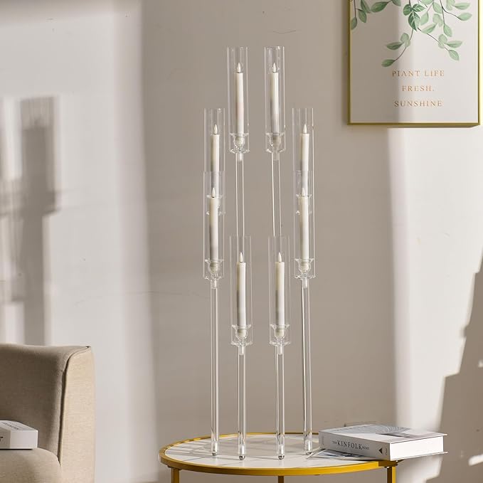 VINCIGANT 4PCS 8 Arms Clear Candelabra Candle Holder for Wedding Decorations,38.5 inches Tall Arcylic Candlesticks Holder with Shade for Table Dinner Party Fireplace Decoration