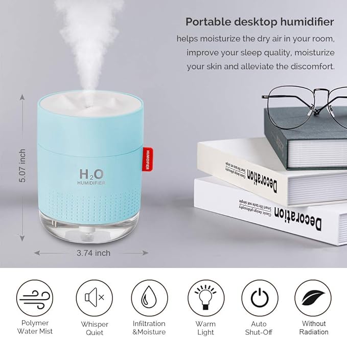 Portable Mini Cool Mist Humidifier, 500ml USB Personal Desktop Humidifier for Baby Bedroom Travel Office Home, Auto Shut-Off, 2 Mist Modes, Super Quiet, Blue