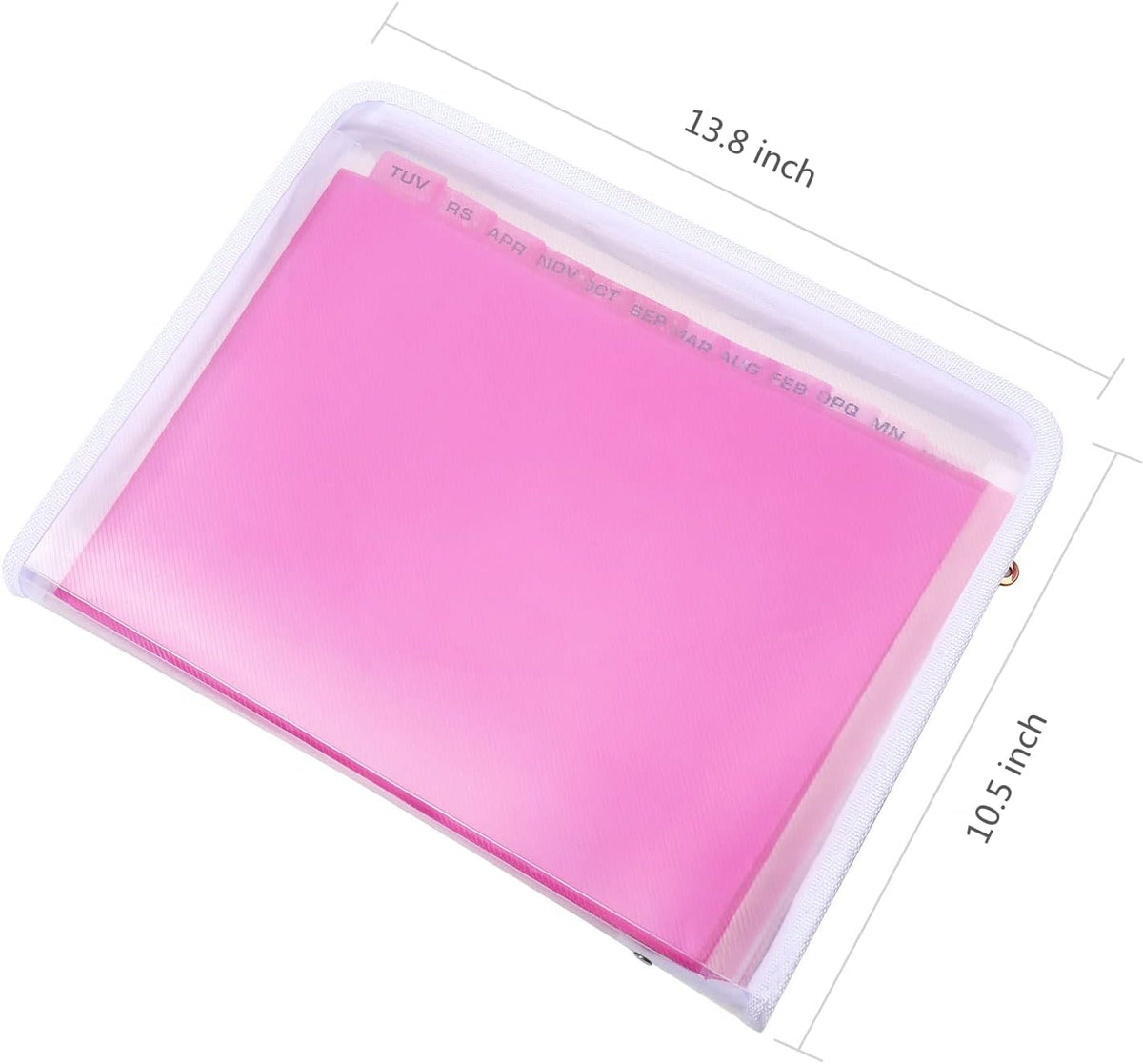 MEGREZ Expanding File Folder with 13 Pockets, A4 Paper File Folder with Zipper Color Labels, Waterproof Accordion File Folder Organizer for Home Office, Pink-Clear