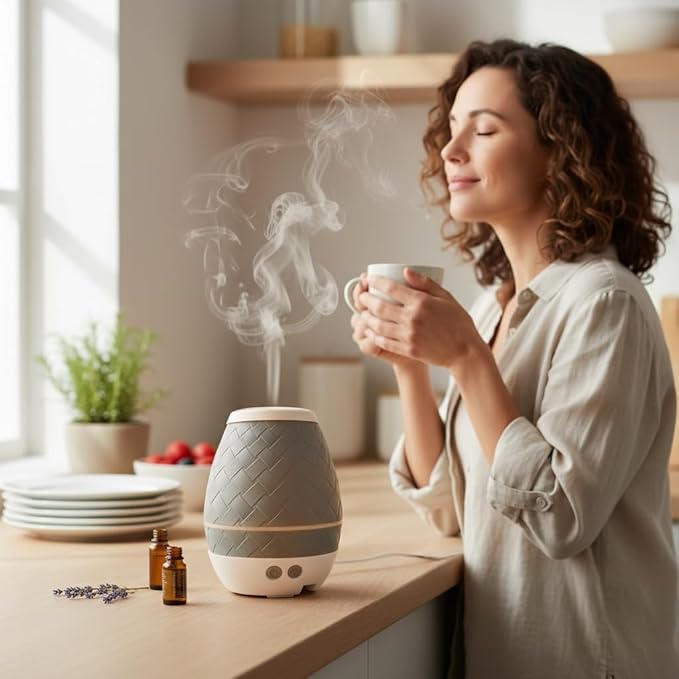 Dewdrop v.2 Ultrasonic Diffuser, Humidifier and Atomizer, Blue Woven Pattern, Ambient Light Control, Automatic Shut-Off