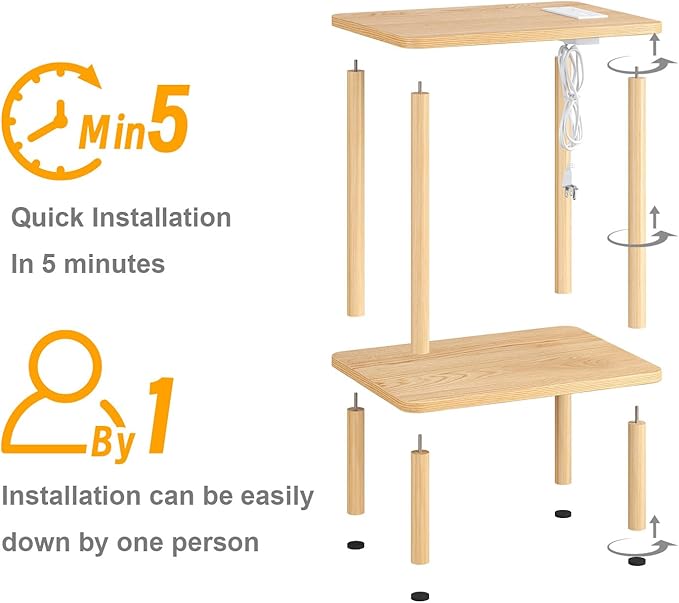 Apicizon 2 Tier End Table, Small Side Table with Charging Station, Boho Bedside Table with USB Ports and Outlets, Nightstand for Small Spaces, Bedroom, Living Room, Entryway, Easy Assembly, Natural