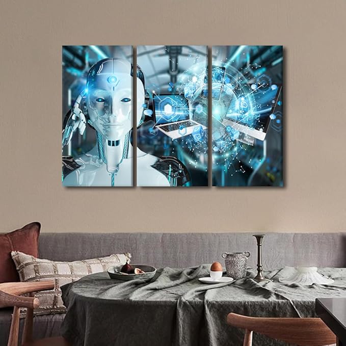TUMOVO AI Intelligence Wall Decor for Living Room Data Analysis Picture Canvas Prints 3 Pieces Wall Art Robot Artwork for Home Office Room Wall Decorations Canvas Art Prints Ready to Hang, 42" Wx28 H