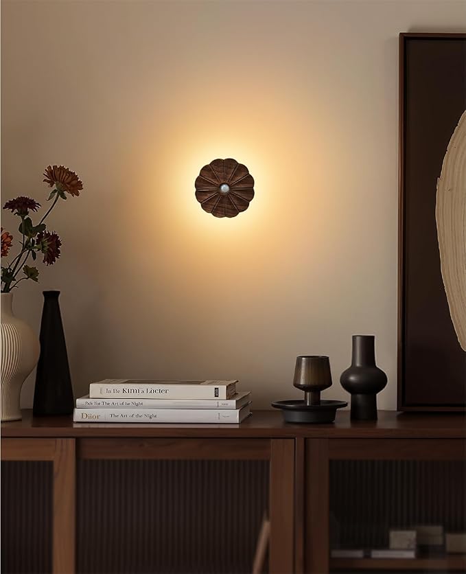 Motion Sensor Night Light Wooden Carved Flower USB Rechargeable Stick-On Step Lights Magnetic Mini Wall Lights for Hallway Bedroom Living Room Stair (Black Walnut)