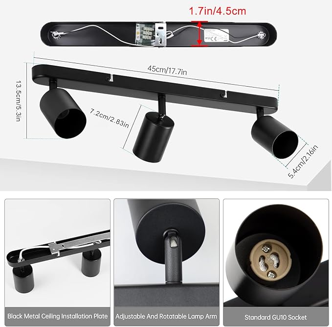 3 Light Track Lighting Kit Flexibly Rotatable Track Light Ceiling Kitchen LED Ceiling spot Light for Bedroom, Picture Wall, Hallway, Office, Bar, GU10 Socket (Black-3 Light)
