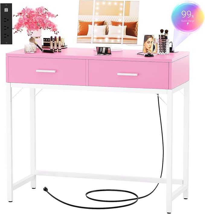 Cyclysio Vanity Desk with Mirror and Lights, 36'' Makeup Vanity Desk with Power Outlet, Small Vanities Set Dressing Table with Drawers for Bedroom, Pink