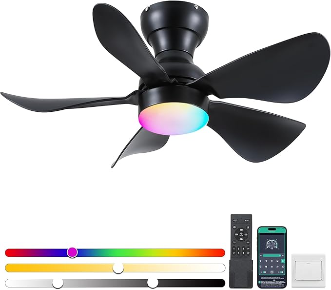 Ceiling Fans with Lights and Remote/APP Control, 30 inch Low Profile Ceiling Fans with Dimmable White Colors and RGB Lighting, 6 Speeds 5 Curved Blades for Kids Room Bedroom Bar, Black