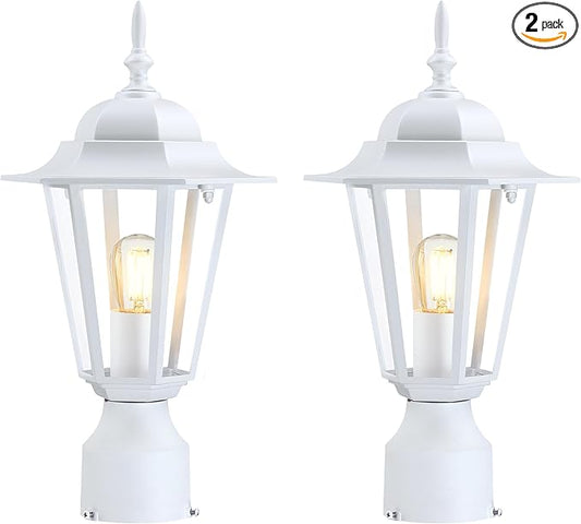 Outdoor Post Light, Pole Lantern, Waterproof Die-Cast Aluminum Pole Light Fixture with Glass, Exterior Post Lamp for Garden Yard Patio Pathway, Matte White, 2-Pack