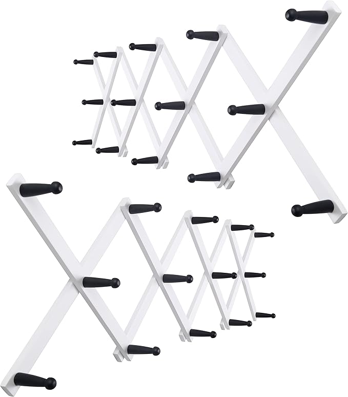 WEBI Accordion Wall Hanger,Expandable Wooden Hat Rack for Wall Mounted Coat Rack,Accordion Hat Hooks Holder for Baseball Caps,14 Peg,Black on White,2 Packs