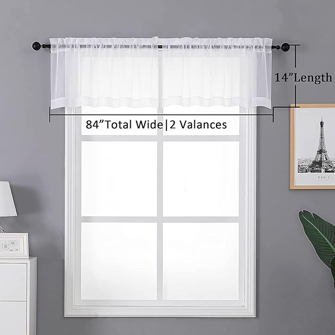 Aiyufneg White Sheer Window Valance Curtains, Light Filtering Kitchen Valances Windows Treatment, Small Voile Sheer Curtains for Living Room/Bathroom/Basement, Top Dual Rod Pocket, 2PCS
