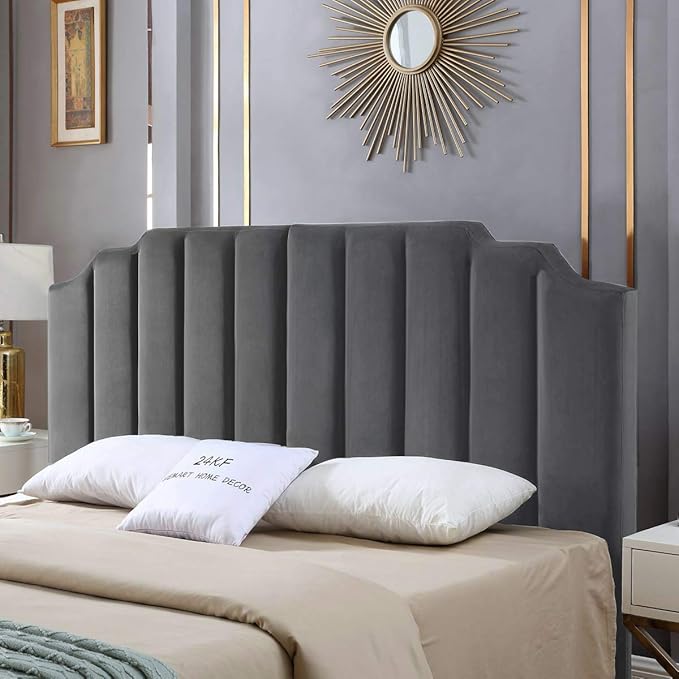 24KF Dark Gray Velvet Tufted King Upholstered Headboard, Modern Vertical Channel Design California King Headboard with Stepped Silhouette Top Edge,Dark Gray