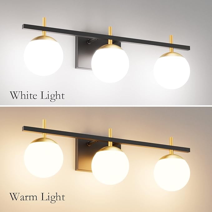 Ralbay Mid Century Modern Bathroom Vanity Lights Black and Gold Milky Glass Modern Bathroom Vanity Lights Over Mirror, Black/Golden 3-Light (Exclude Bulb)