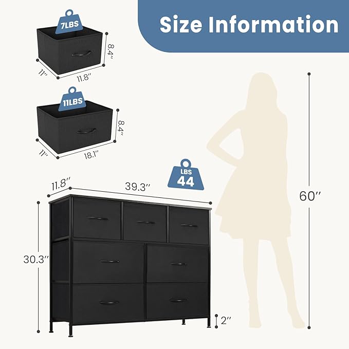 DUMOS Dresser for Bedroom with 7 Drawers, Storage Organizer Units Furniture, Chest Tower TV Stand with Fabric Bins, Metal Frame, Wooden Top for Nursery, Living Room, Bedroom, Closet, Black01