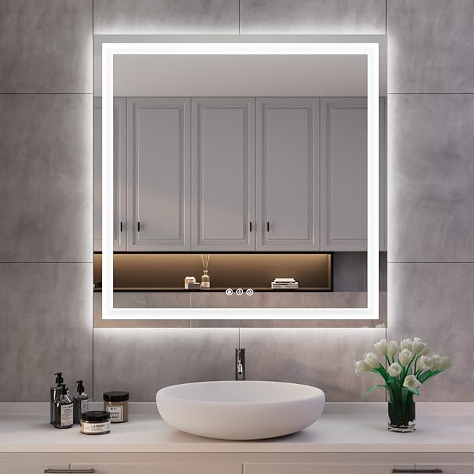 ISKM 36'' x 36'' LED Mirror for Bathroom Lighted Vanity Mirror for Wall Front Lights + Backlit LED Bathroom Mirror Anti-Fog Tempered Glass ETL Listed