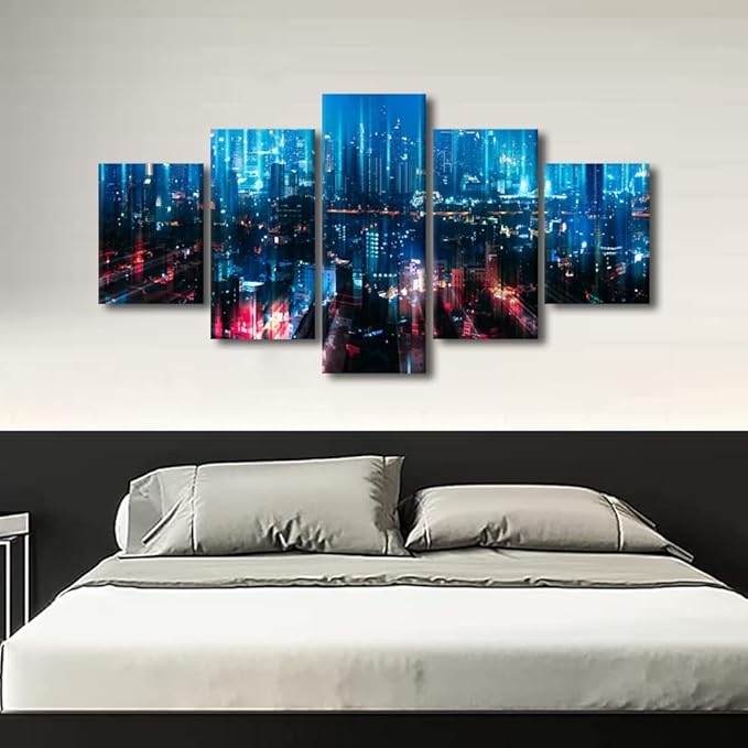 Wall Art for Living Room 5 Panel Home Decoration Smart City Landscape Poster Particle Glowing Light Picture Big Data Worker Bedroom and Corridor Decorate Frame and Stretched Ready to Hang 60x32 Inch