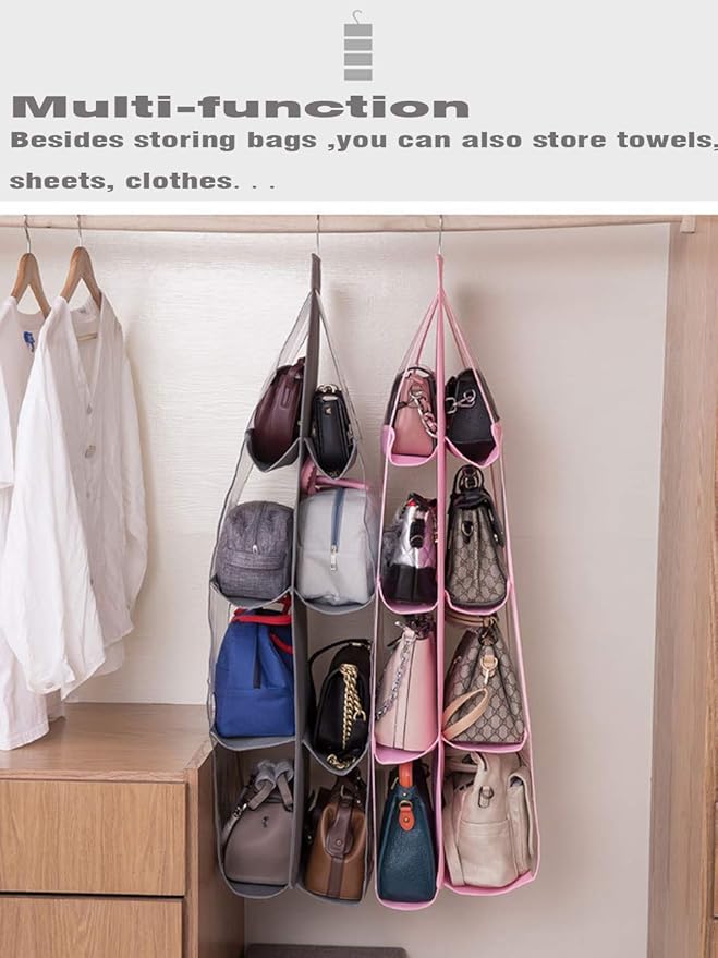 AARAINBOW 1 Pack Hanging Handbag Purse Organizer for Closet, 8 Pockets Wardrobe Space Saving Purse Holder, Handbag Storage Bags Hanging, Womens Purse Storage Organizers, 41L x13.5W (B-Dark Gray)