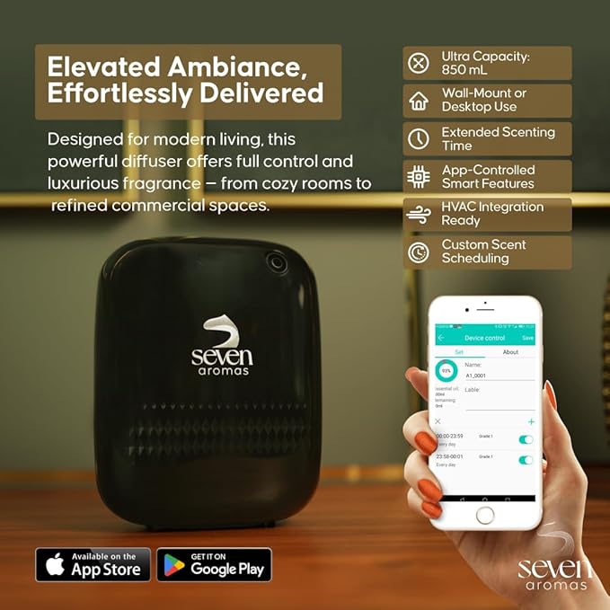 SEVENAROMAS Scent Diffuser SV720 - Bluetooth app, Air Machine for Home & Commercial Use, Covers 2000 sq. ft., Portable Large Room Waterless Diffusers (Black)