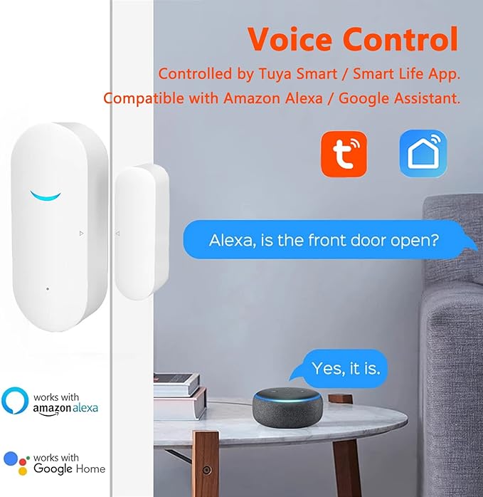 Smart Door Sensor Alarm Wireless, WiFi Door Window Detector with 8 Batteries, Smart Linkage Window Door Contact Sensor for Home Security Compatible with Alexa/Google Assistant, No Hub Required, 4 Pack