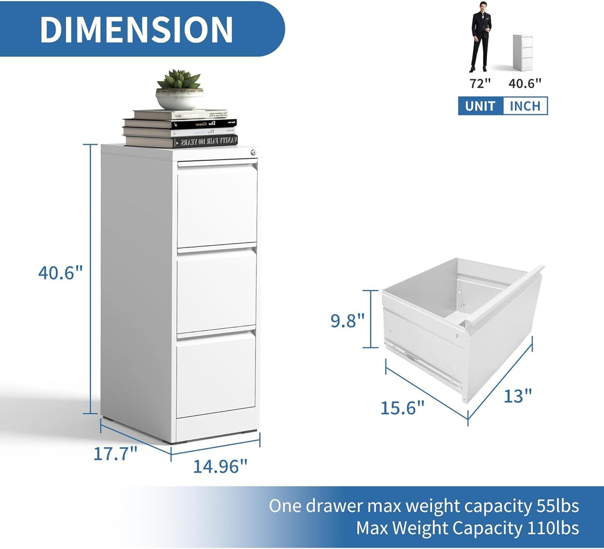 3 Drawer File Cabinet with Lock,Metal Vertical Filing Cabinets for Home Office,Heavy Duty File Storage Cabinet for Letter/Legal/A4/F4 Size File,Assembly Require (White, Vertical 3 Drawer)