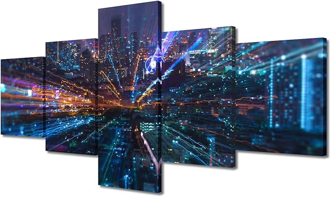 Canvas Wall Art Smart City Home Decoration 5 Panel Big Data Connection Technology Poster Communication Company Wall Decor Office Canvas Art Decorate Frame and Stretched Ready to Hang 50x24 Inch