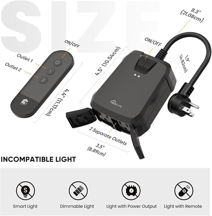 TREATLIFE Outdoor Wireless Remote Control Outlet, 2-in-1 Individual Control Sockets, IP64 Weather-Resistant Electrical Outlet Switch, Heavy Duty 3-Prong Plug, Max Power 1800W, Battery Included