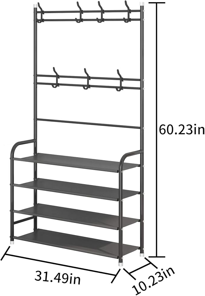 UDEAR Entryway Coat Rack,3-in-1 Hall Tree Multifunctional Storage Shelf with 4-Tier Shoe Bench and 8 Hooks,16-20 Pairs of Shoes,Easy Assembly,for Entrance Foyer Bedroom Barthroom,Black