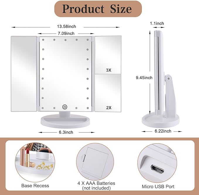 Trifold Makeup Mirror Vanity Mirror with Lights,1X 2X 3X Magnification,Touch Control,Adjustable Rotation,Dual Power Supply,Portable Travel Cosmetic Mirror,Birthday Gifts for Women,Teengirls