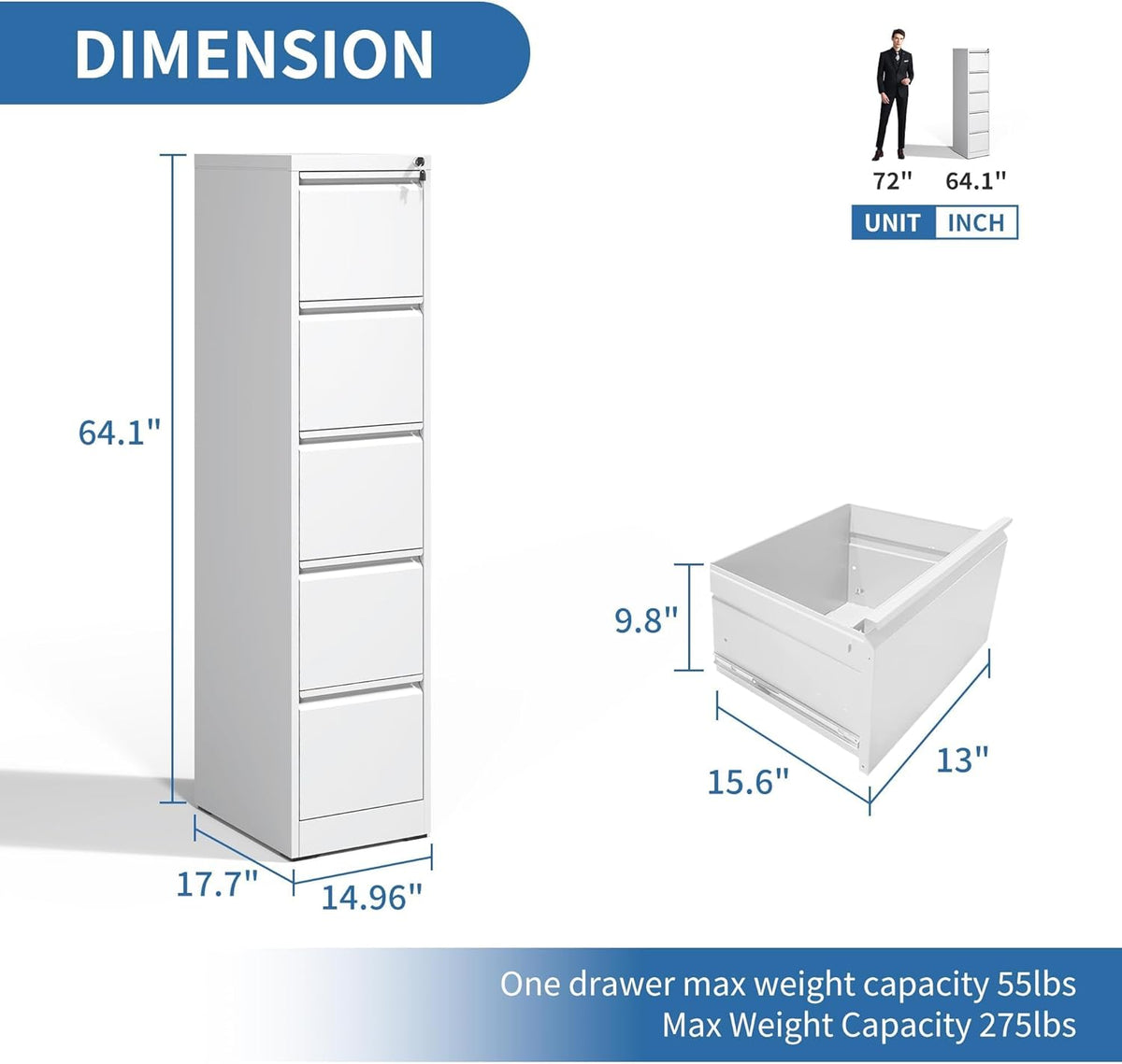 5 Drawer File Cabinet with Lock,Metal Vertical Filing Cabinets for Home Office,Heavy Duty File Storage Cabinet for Letter/Legal/A4/F4 Size File,Assembly Require (White, Vertical 5 Drawer)