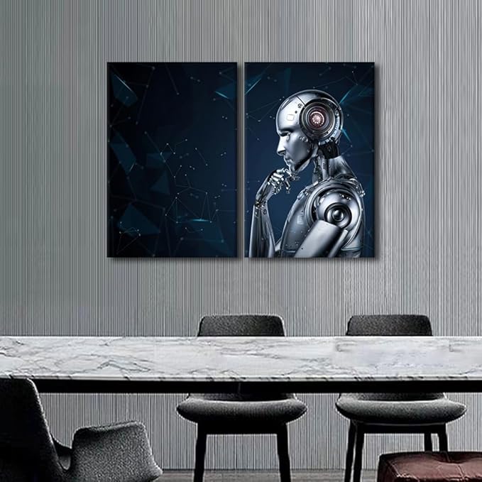 TUMOVO 3 Pieces Decor Robot Pictures Paintings Data Analysis Canvas Wall Art Artwok Modern Home Decorations for Living Room, AI Giclee Framed Ready to Hang Posters, 24" Wx16 H