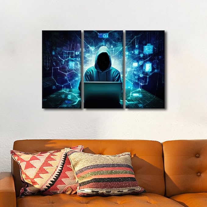 TUMOVO 3 Panels Wall Art AI Big Data Pictures Prints on Canvas Hacker Malware Artwork for Home Walls Hacker Paintings Canvas Print Room Wall Decorations Stretched and Framed Ready to Hang, 36" Wx24 H