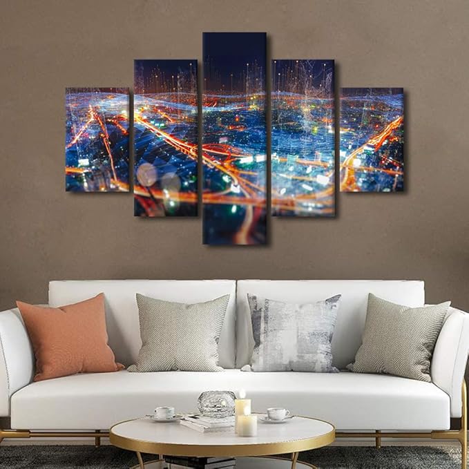 Modern Internet Canvas Poster 5 Panel Metaverse Concept Picture Smart City Home Decoration Internet Companies Office Meeting Room Wall Art Decorate Frame and Stretched Ready to Hang 60x40 Inch