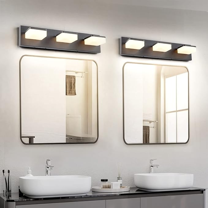 3 Colors Dimmable Black Bathroom Light Fixtures Over Mirror, LED Vanity Lights, Acrylic Stainless Steel 3 Light Bathroom Vanity Light Fixtures, Adjustable 3000K/4000K/6000K, 360° Rotate