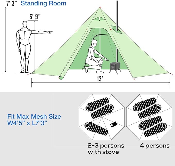 PRESELF 2-3 Person Tipi Hot Tent Version2 with Stove Jack, for Hunting Bushcraft, Lightweight, Standing Room, Teepee Backpacking Camping Hiking