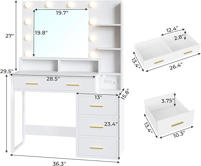 Tiptiper White Makeup Vanity with 10 Light Bulbs, Modern Vanity Desk with Mirror & 3 Lighting Modes, Vanity Table with 2 USB Ports and Outlets, Makeup Desk with Nightstand, Storage Shelves and Drawers
