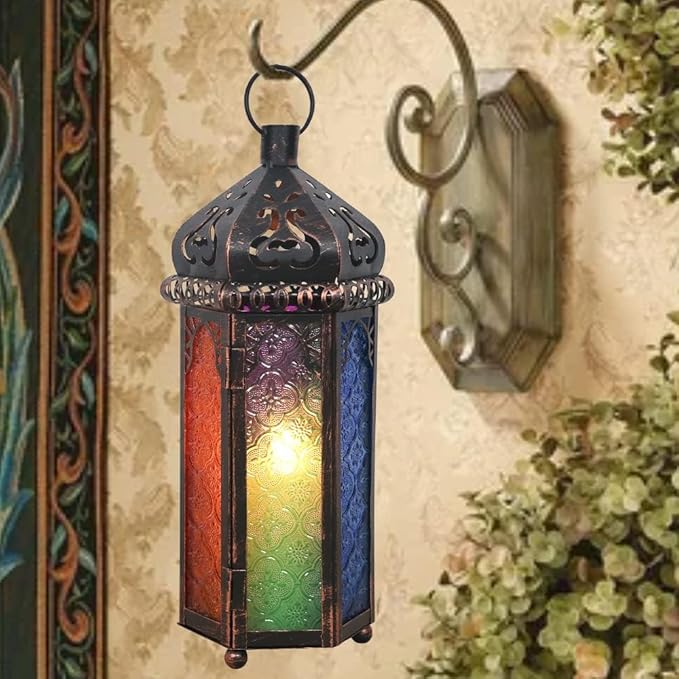 DECORKEY Ramadan Decorations, Candle Lanterns Decorative Indoor & Outdoor, 14.4'' Vintage Moroccan Hanging Lantern with 6 Colors Glass, Metal Candle Holder for Home Front Porch Patio Decor