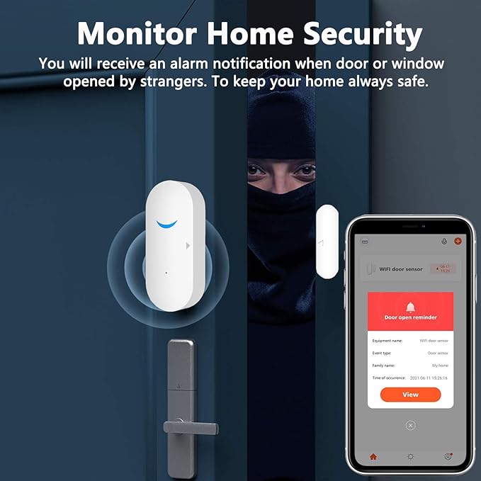 Smart Door Sensor Alarm Wireless, WiFi Door Window Detector with 2 Batteries, Smart Linkage Window Door Contact Sensor for Home Security Compatible with Alexa/Google Assistant, No Hub Required, 1 Pack