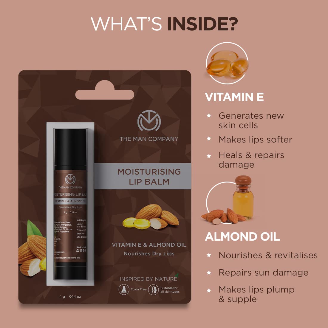 The Man Company Nourishing Lip Balm with Vitamin E, Almond & Olive Oil | Soft, Supple, Moisturizes | Free from Dry/Chapped Lips - 4gm