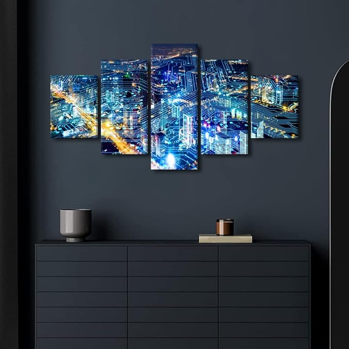 Wall Art Modern Cityscape Picture Internet Companies Decoration Poster 5 Panel Smart City Decor Men Home Office Wall Decor Native Americans Living Room Canvas Art Stretched Ready to Hang 60x32 Inch