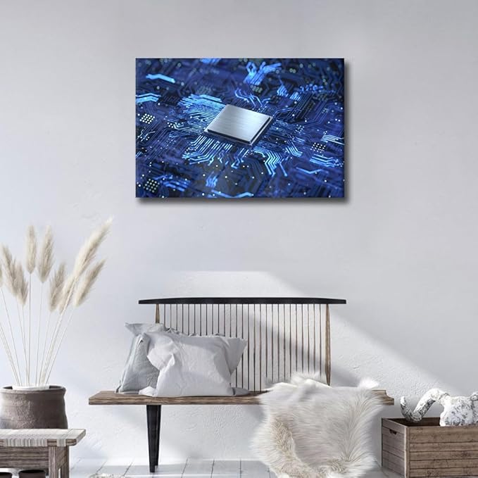 TUMOVO Internet Concept Wall Art for Bedroom CPU Concept Wall Decor Circuit Board Framed Canvas Art Pictures House Deocrations for Living Room Office Large Wall Art Framed Ready to Hang - 24x16in