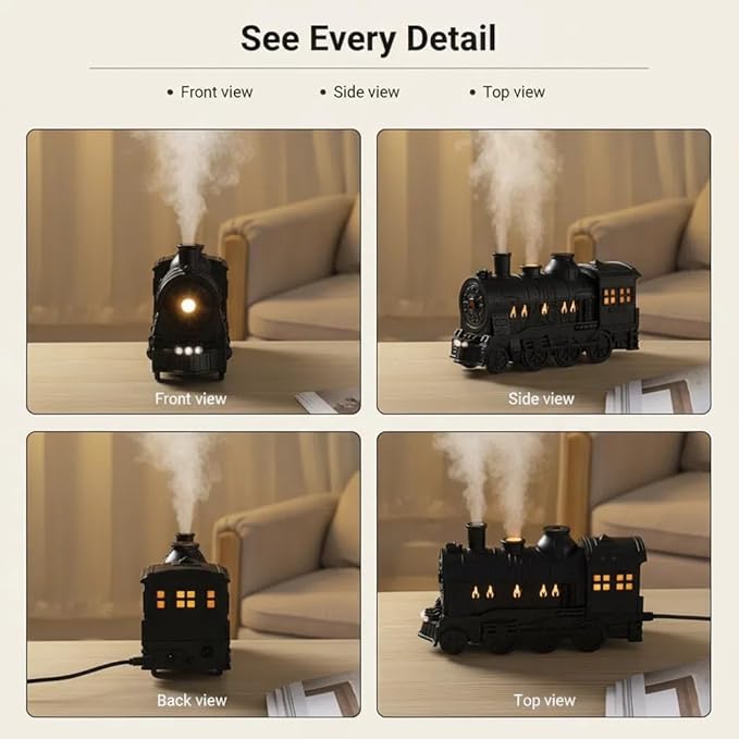 Train Humidifier with Essential Oil Diffuser - 300ML Large Capacity Ultrasonic Dual Mist Output, 4Color LED Night Light with Remote Control, Auto-Off, Ultra Quiet for Bedroom Office Desk (Copper)