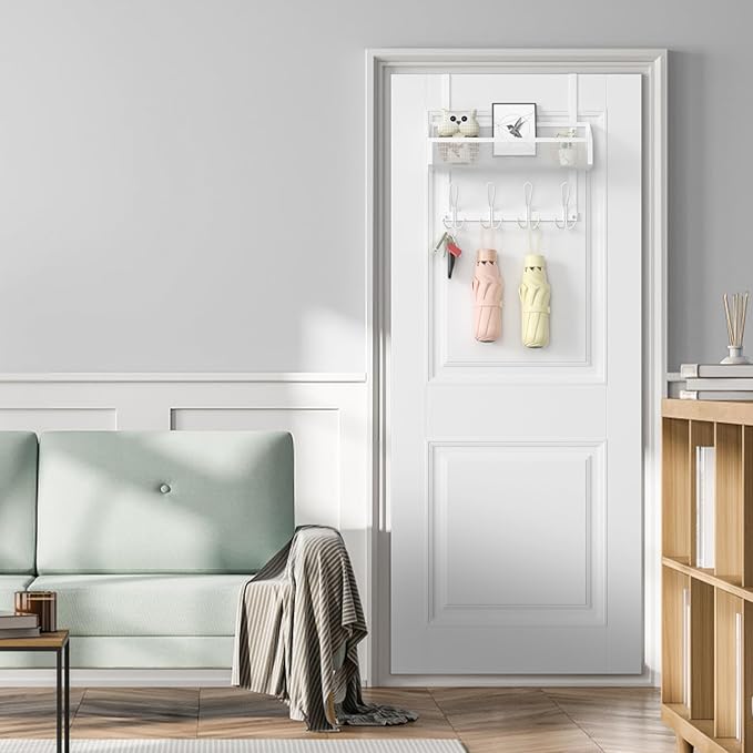 Over The Door Hooks Organizer, Back of Door Organizer with 12 Coat Hooks & Mesh Baskets Over The Door Towel Rack Door Hanger Storage Rack for Bathroom,Kitchen,Bedroom(White)