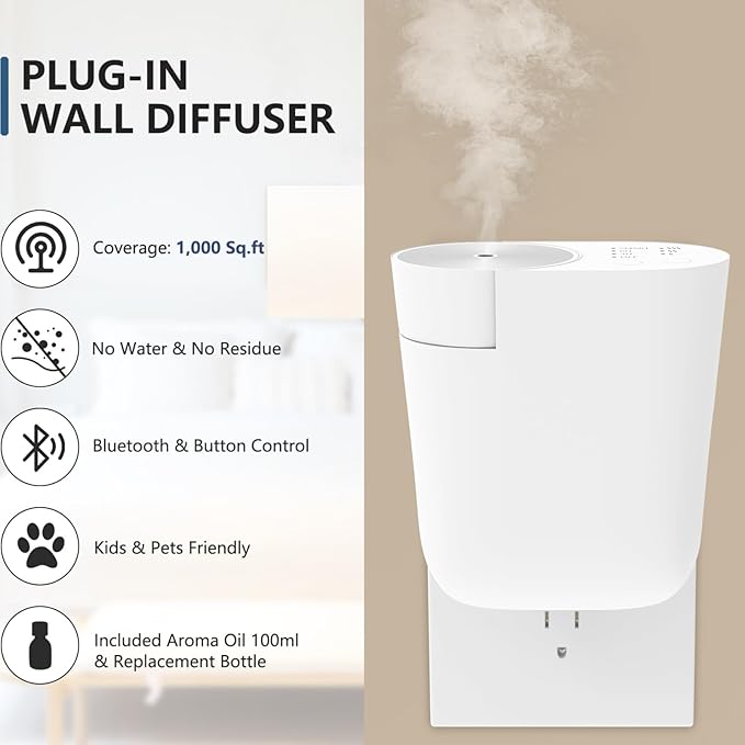 Plug-in Wall Diffuser | Waterless Essential Oil Aroma Diffuser | Portable Mini Home Scent Machine for Large Room | Aromatherapy Kit with 100ml Oil & Refill Bottle | White | Gift