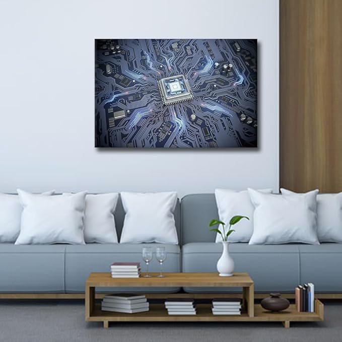 TUMOVO Wall Art for Living Room Large Size Internet Concept Office Wall Decor Circuit Board with CPU Canvas Prints AI Modern Artwork for Bedroom Bathroom Framed Ready to Hang, 36x24in