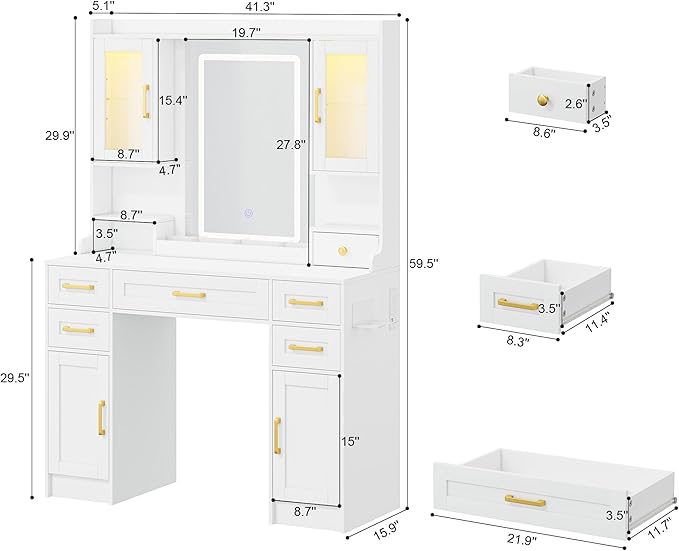 NUNU LAB 42 Inchs Large Vanity Desk with Mirror and Lights with 6 Drawers and 4 Cabinets, Big Women Makeup Table with Power Outlet, 3-Color Adjustable Lighting for Bedroom White
