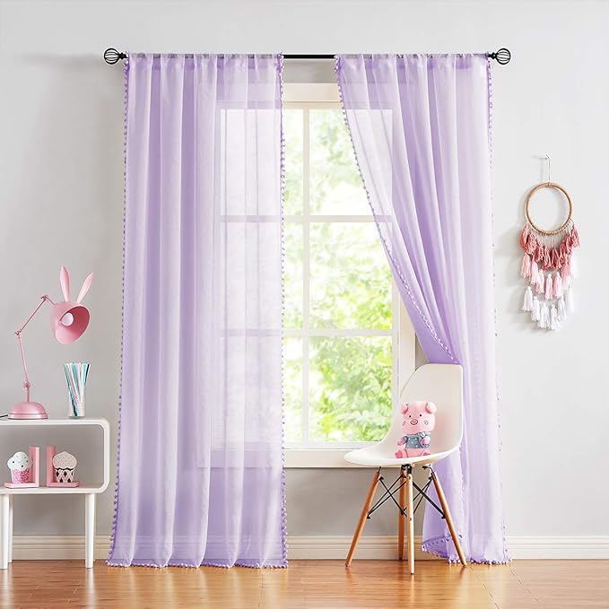 Treatmentex Pom-Pom Sheer Curtains for Kid's Room, 63" Linen Textured Volie Window Curtain Panels Lilac 52" w 1 Pair