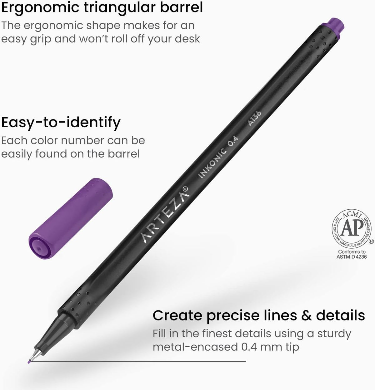 ARTEZA Inkonic Fineliners Pens, Set of 48, 0.4 mm Fine Tip Markers, Water-Based Art Pens for Drawing, Sketching, Journaling, Calligraphy