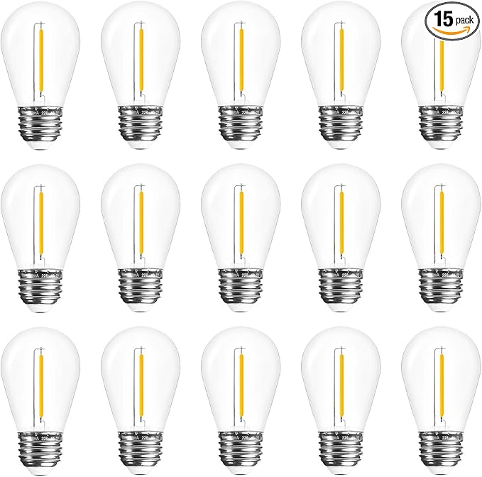 Jslinter 15 Pack Edison Bulb String Lights Outdoor, S14 Replacement Bulbs for Outdoor String Lights Waterproof 1W, E26 Base Led Light Bulb, 2700K Warm White Light Bulbs for Patio