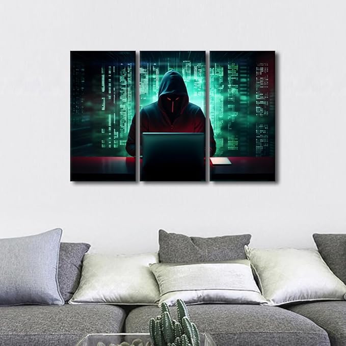 TUMOVO AI Big Data Prints Wall Art Home Wall Decorations Hacker Malware Large Wall Decor 3 Pieces Hacker Canvas Wall Art Artwork for Home Office Decoration Framed Ready to Hang, 36" Wx24 H