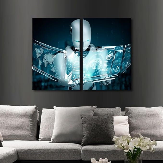3 Pieces AI Intelligence Canvas Print Robot Wall Art Painting for Home Decor Big Data Analysis Paintings Stretched and Framed Giclee Minimalism Artwork for Living Room Decoration, 24" Wx16 H