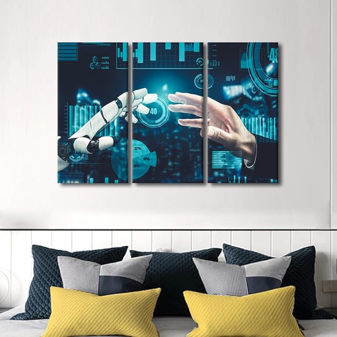 TUMOVO Robot Pictures for Living Room AI Intelligence Paintings 3 Pieces Canvas Wall Art AI Pictures Modern Home Office Decor Framed Ready to Hang Posters and Prints, 42" Wx28 H